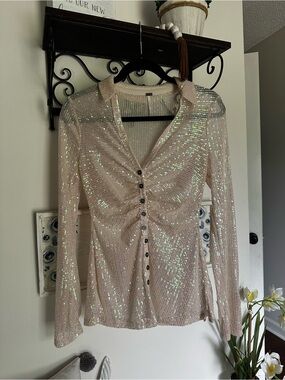 Free People Iridescent Blush Sequin Ruched Button-Down Shirt